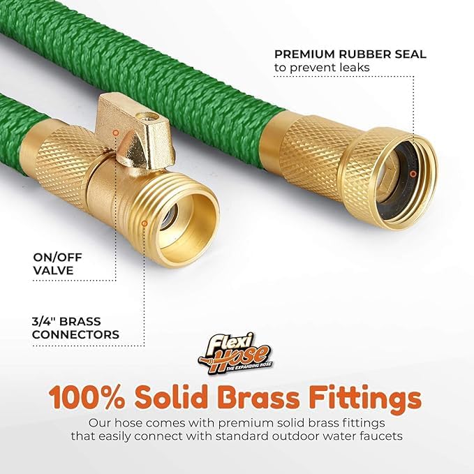 Flexi Hose with 8 Function Nozzle, 50FT - Lightweight Expandable Garden Hose, No-Kink Flexibility, 3/4 Inch Solid Brass Fittings and Double Latex Core - Green