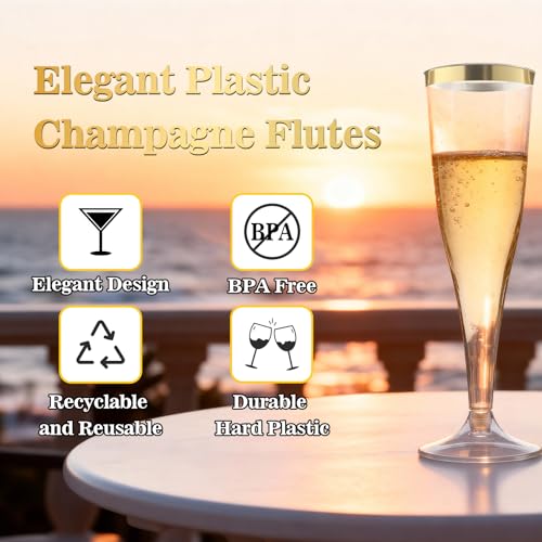 Bestluck 100 Pack Champagne Flutes Plastic with Gold Rim, 4.5 oz Clear Plastic Disposable Stemware, Disposable Champagne F...