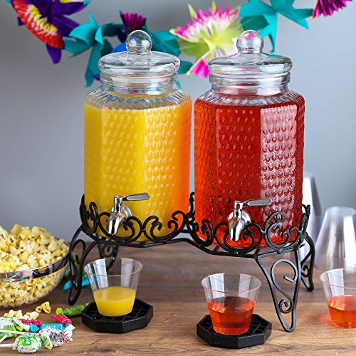 Double Glass Beverage Dispenser Set - 2 Gallon Punch Dispensers with Stand, Spigot, and Drip Trays | Ideal for Juice, Tea,...