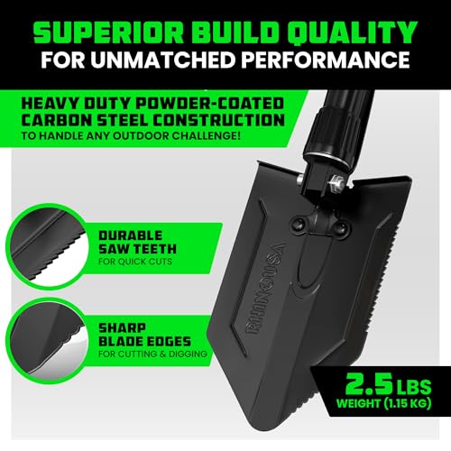 RHINO USA Folding Survival Shovel w/Pick - Heavy Duty Carbon Steel Military Style Entrenching Tool for Off Road, Camping, ...