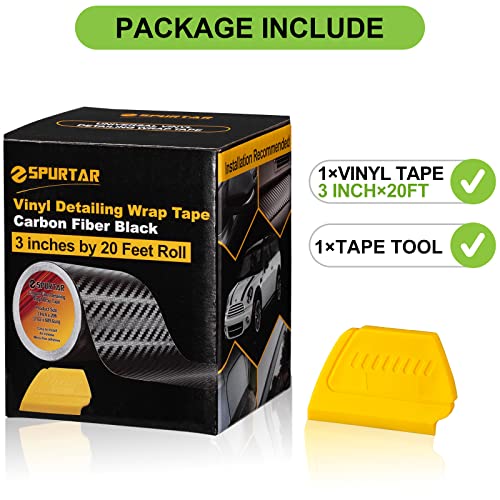Spurtar Carbon Fiber Wrap Black Vinyl Wrap for Cars, 3 Inch x 20 ft Universal Chrome Delete Dry Carbon Fiber Tape Door Edg...