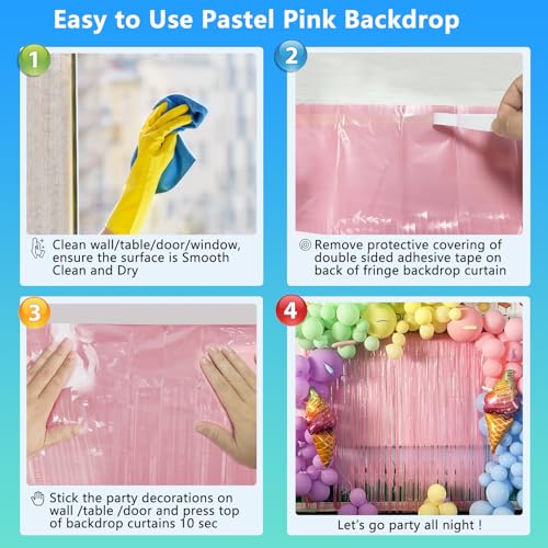 Pastel Pink Birthday Party Backdrop Decorations Foil Fringe Curtain 3.3x8.2ft 2 Pack, Pink Streamers Background Party Deco...