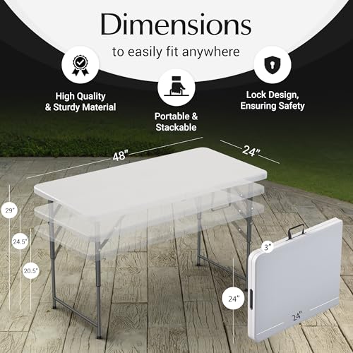 4 Feet Foldable Table Adjustable Height with Built in Handle, Steel Legs | 4FT Heavy Duty Portable | Perfect for Party Din...