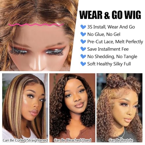 16 Inch Ombre Lace Front Wigs Human Hair Glueless Curly Bob Wigs Highlight 4x4 Deep Curly Bob Water Wave Pre Plucked Pre Cut Lace Closure Wigs with Natural Hairline for Women