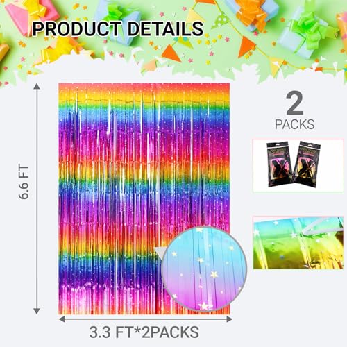 Sparkly Neon Rainbow Foil Fringe Curtain Backdrop Metallic Streamers Photo Booth Props for Birthday Bachelorette Gay Pride...