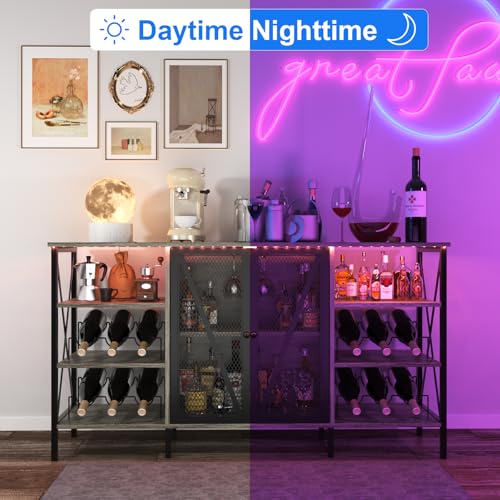 Garvee Farmhouse Wine Bar Cabinet with Wine Rack and Glass Holder, Rustic Coffee Bar with Led Light, Metal Sideboard and Liquor Table Cabinet with Mesh Door for Living Room, 55.12", Dark Grey