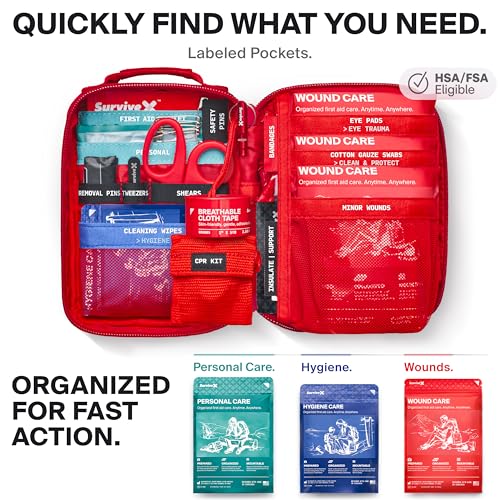 SurviveX Small First Aid Kit for Car, Travel & Home - Emergency Kit for Hiking, Camping, Backpacking and Outdoors - Includ...