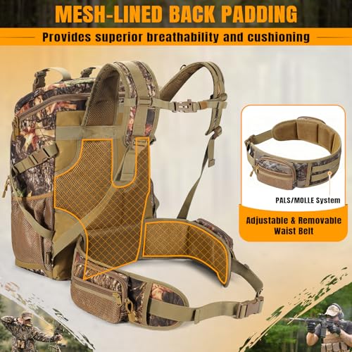 laapee Hunting Backpack 40L for Men, Tactical Camo Bow Rifle Backpack with Removable Waist Belt, PALS/MOLLE System, Waterp...