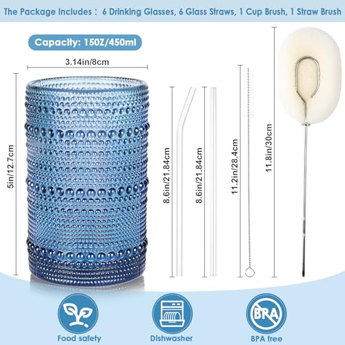 KMIGRUAN Large Hobnail Drinking Glasses Set of 6,15oz Blue Vintage Glassware,Embossed Glass Cups,Water Tumbler,Highball Gl...
