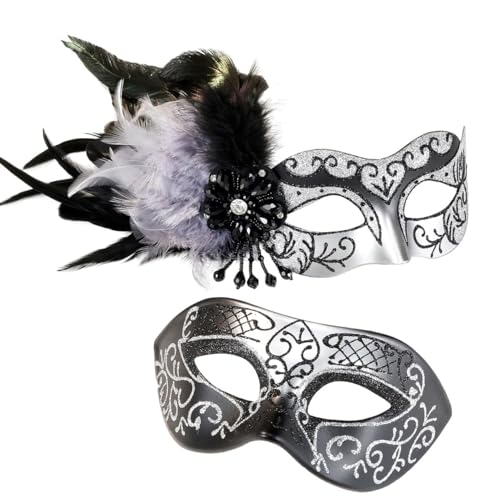 MYSEUNI Silver Masquerade Mask for Couples -Masquerade Masks for Women with Feathers & Venetian Half Mask Halloween for Ma...