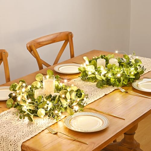 Dolicer 6 Packs 6FT Artificial Eucalyptus Garland with LED Light String, Faux Greenery Garland Hanging Fake Silver Dollar ...
