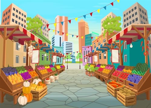 BELECO 5x3ft Fabric Cartoon Farmers Market Backdrop Fresh Farm Vegetables and Fruits, Farmers Market Stall Background for ...