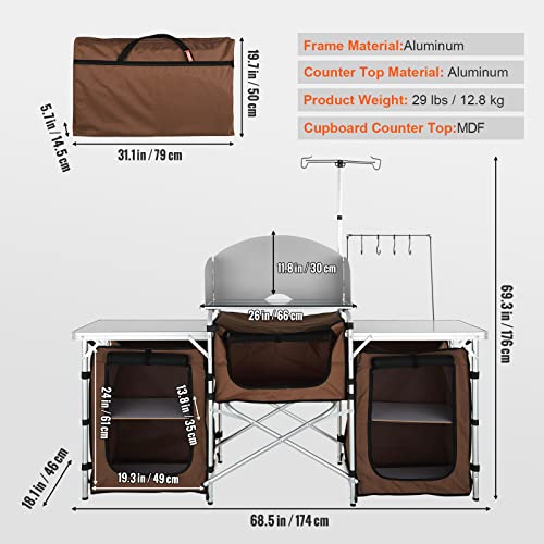 VEVOR Camping Kitchen Table, Folding Outdoor Cooking Table with Storage Carrying Bag, Aluminum Cook Station 3 Cupboard & D...