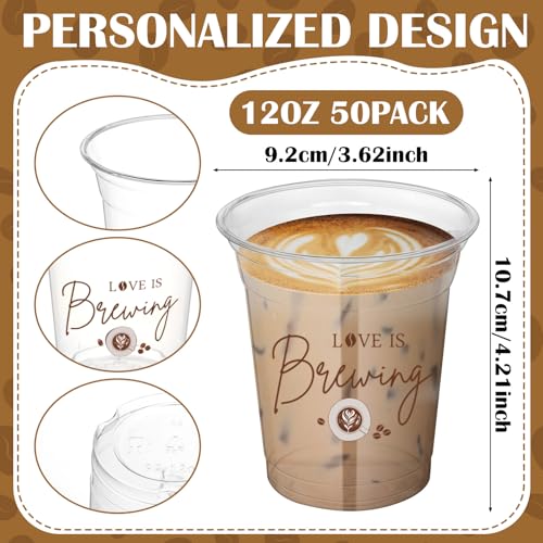 Willinglong 50 Pack Love Is Brewing Bridal Shower Cups Wedding Coffee Cups with Strawless Sip Lids 12 oz Love Is Brewing I...