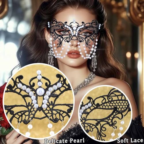 Flimire Pearl Masquerade Mask for Women Black Lace Masks Prom Costume Party Eye Mask Luxury Venetian Ball Mask