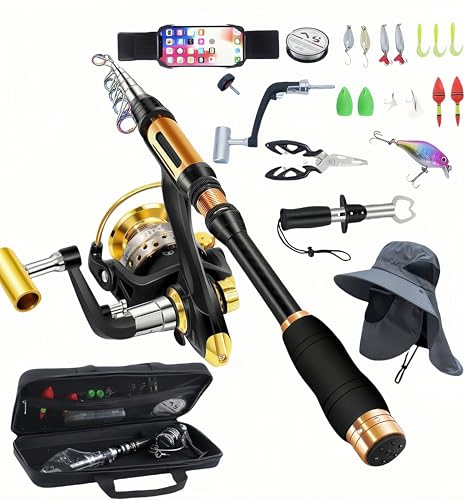 BNTTEAM Portable Fishing Spinning Rod and Reel Combo Set Carbon Fiber Fluorescent Rod Tip, with Fishing Lures Line Carrier...