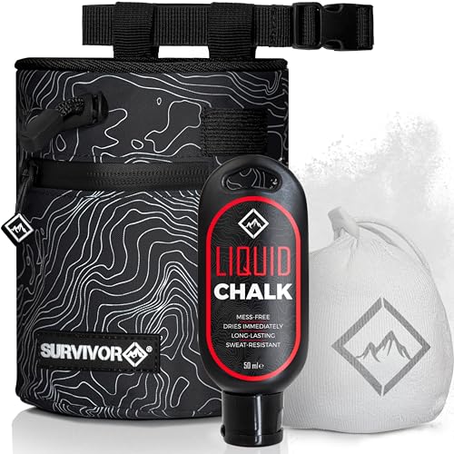 SURVIVOR Chalk Bag + Chalk Ball + Liquid Grip - Iconic Topographical Map, Draw String Closure, 2 Zippered Pockets, & Brush...