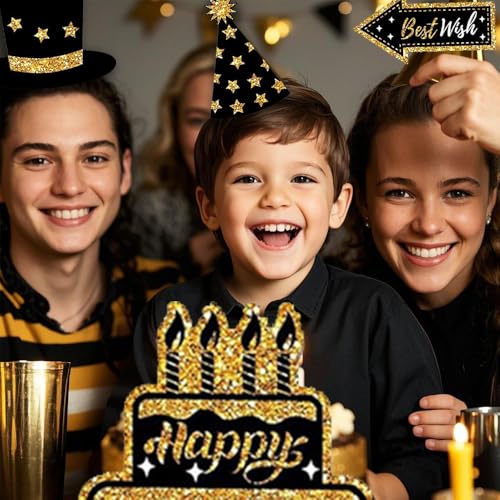 Photo Booth Props for Birthday Party,36 Pieces Black Golden Happy Birthday Selfie Props for Bday Weddings Prom Disco Mardi...