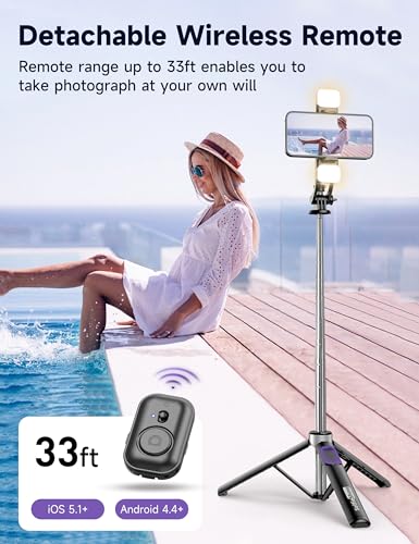 53'' Selfie Stick Tripod with Light, Extendable Selfie Stick with Remote, Portable Cell Phone Tripod Stand with All in 1 P...