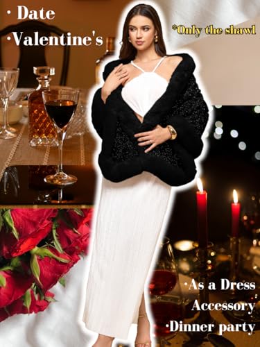 EHSUYAB Women's Sequin Faux Fur Shawl Wrap, Winter Bridal Wedding, Luxury Elegant Velvet Fur Coat Jackets Cape Evening Party