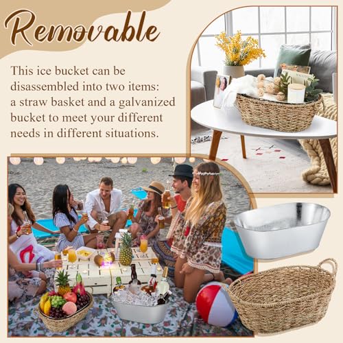 Domensi 2 Pcs Small 3 Gallons Ice Bucket with Wicker Outer Basket Handle Beverage Tub Grass Rope Woven Farmhouse Galvanize...