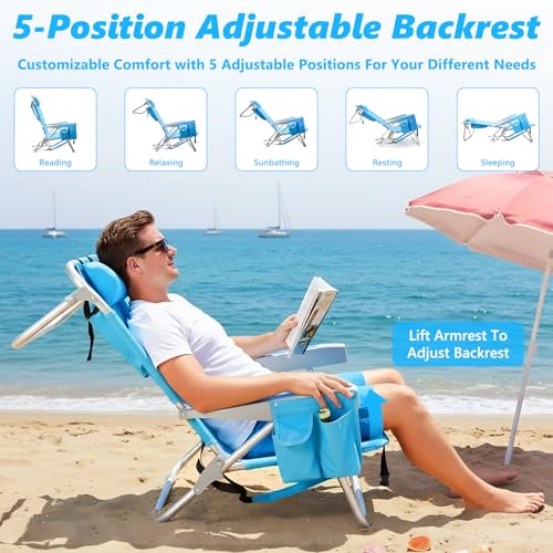 Backpack Beach Chairs for Adults, Heavy Duty Compact Portable Lay Flat Folding Chair with Backpack Straps and Large Pocke...
