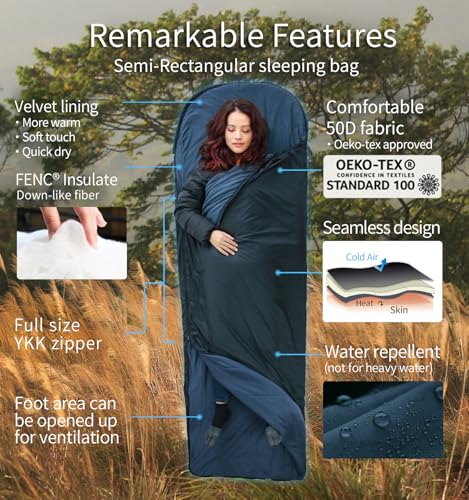 Litume Compact Velvet Lined Sleeping Bag, Lightweight Three Season Sleeping Bag, Water Repelling Sack for Warm and Cold We...