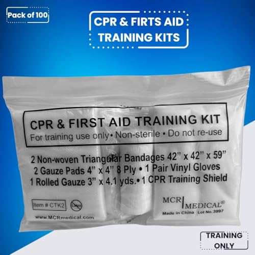 MCR Medical CPR & FA Training Kits w. 2 Non-Woven Triangular Bandages, 100 Pack