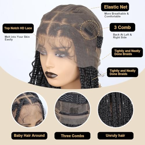 36 inch Knotless Boho Box Braid Wigs, 360 Single Full Lace Braided Curly Wigs for Black Women, Synthetic Black Braided Lace Wig