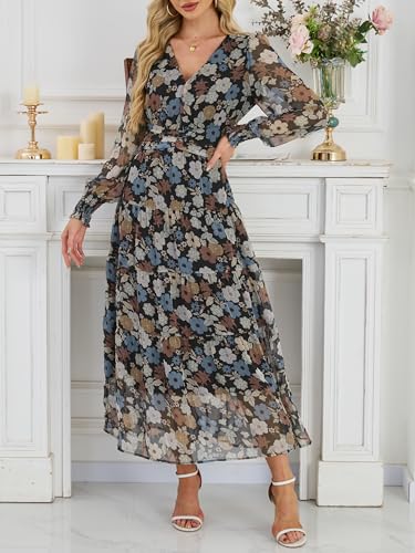 ANRABESS Womens Floral Long Sleeve Maxi Dress V Neck Chiffon Flowy Boho A-Line 2026 Spring Wedding Guest Party Wrap Dresses