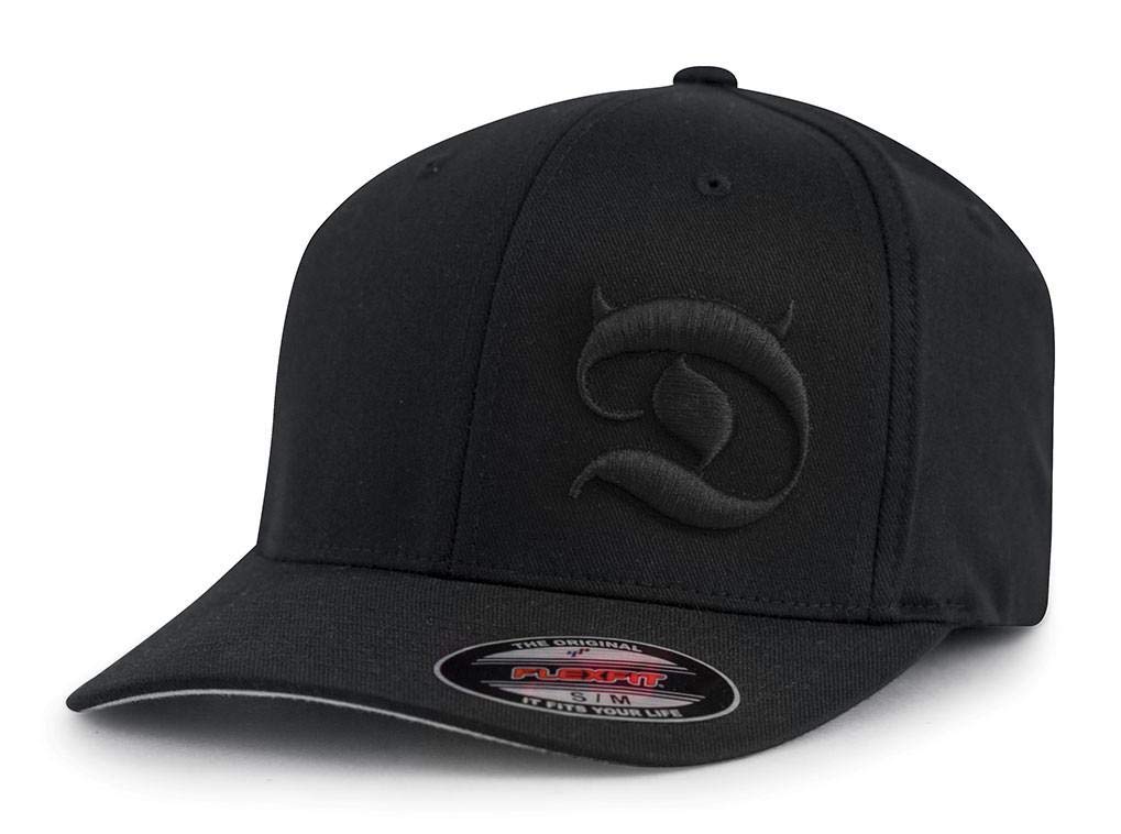 Horned D Flex Fit 6-Panel Men's Cap – Pull-On Baseball Hat with Curved Bill, Embroidery Design, True Fit Streetwear Style for Men, Cotton/Poly/Spandex Blend – (L/XL (7 1/8" - 7 5/8")), Black