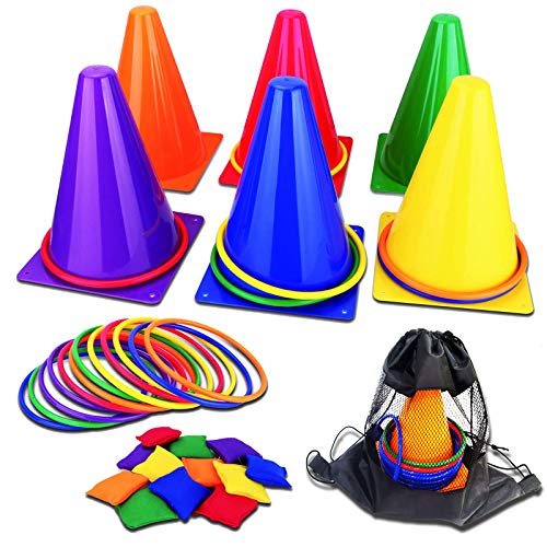 unanscre 31PCS 3 in 1 Carnival Outdoor Games Combo Set for Kids, Soft Plastic Cones Bean Bags Ring Toss Game, Gift for Bir...