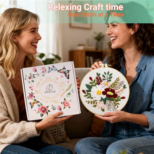 Bonroy 4 Sets Embroidery Set for Beginners Art Crafts Easy Sewing Includes Embroidery Clothes with Pattern, Hoop, Instruct...