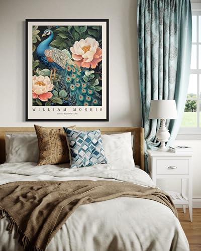 Peacock Art Print Poster, William Morris Style Retro Floral Mid Century Botanical Victorian Dark Academia Flower Decor Gallery 148 (Peacock, 18 x 24 inches, Unframed)