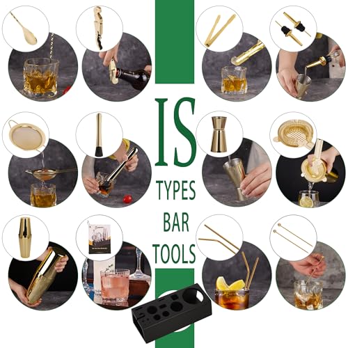 JWJIUEJIU Cocktail Shaker Set Bartender Kit with Bamboo Stand, 15-Piece Stainless Steel Bar Set Accessories, Professional ...