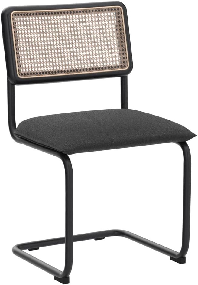 Zesthouse Natural Rattan Dining Chairs Set of 2, Modern Kitchen Chairs with Solid Wood Back for Dining Room Living Room, Mid Century Breuer Design Inspired, Upholstered Boule Fabric, Black