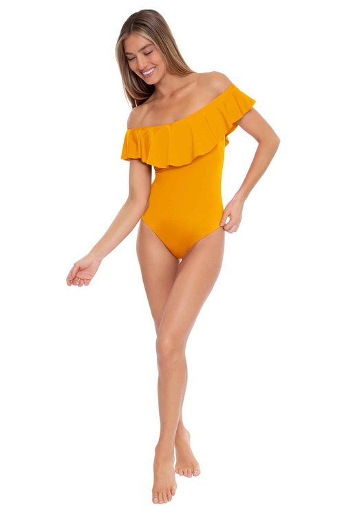 Trina Turk Monaco - Women's Ruffle Bandeau One Piece Swimsuit, Off Shoulder, Bathing Suits for Women, Mellow Yellow, 14