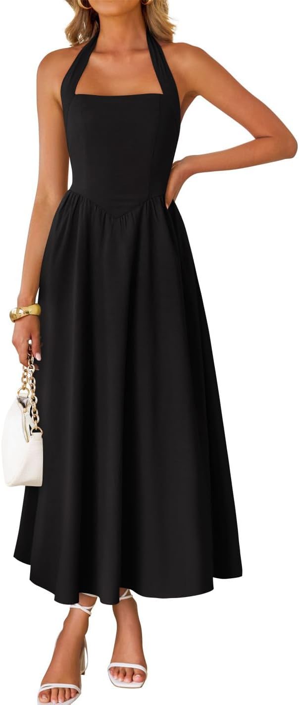 ZESICA Women's Summer Sleeveless Halter Midi Dress 2026 Off Shoulder High Waist Flowy Beach Wedding Guest Long Dresses