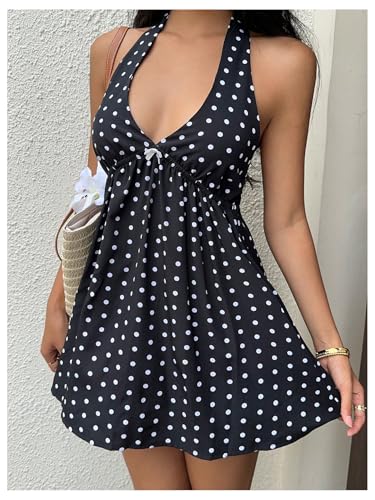 Verdusa Women's Polka Dots Halter Dress Festival Outfits Tie Back A Line Flowy Dresses