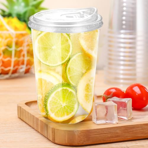 16oz Disposable Stemless Glasses With Strawless Sip Lids,PET Disposable Drinking Cups,Clear Plastic Wine Glasses for Parti...
