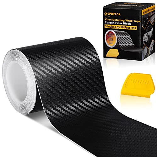 Spurtar Carbon Fiber Wrap Black Vinyl Wrap for Cars, 3 Inch x 20 ft Universal Chrome Delete Dry Carbon Fiber Tape Door Edg...
