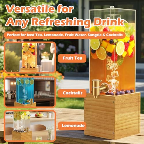 Beverage Dispenser with Stand, 2 Gallon Drink Dispenser, Acrylic Beverage Dispenser with Wood Stand, Drink Dispensers for ...