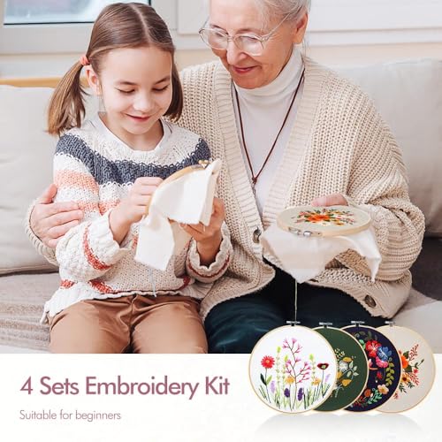 4 Pack Embroidery kit for Beginners Adults DIY Starter Kit, Cross Stitch Kits with Flower Stamped Patterns, Embroidery Hoo...