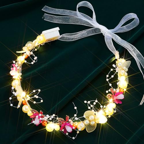 Zehope Light Up Flower Wedding Headbands LED Pearl Floral Headpiece Princess Bridal Hair Accessories for Women