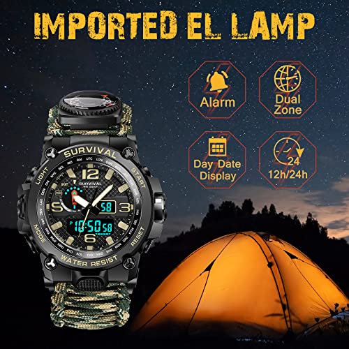 Kavie 23-in-1 Military Tactical Watch for Men, Multifunctional Outdoors Waterproof Survival Watches with Compass Whistle F...