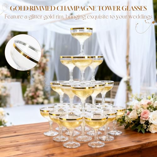 RYTOXILO Champagne Tower Glasses, 50 Pack 5.4 fl oz Plastic Coupe Glasses for Parties with Gold Rimmed, Disposable Clear A...