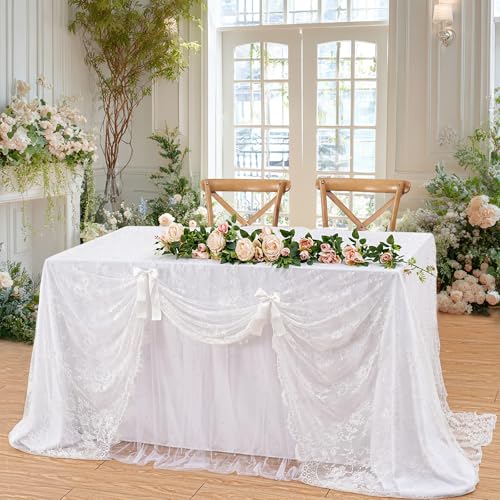 B-COOL White Lace Tablecloth 5 Pack 60 x 120 Inch Wedding Table Cloth Rustic Table Overlay Sheer Table Cloths for Vintage ...