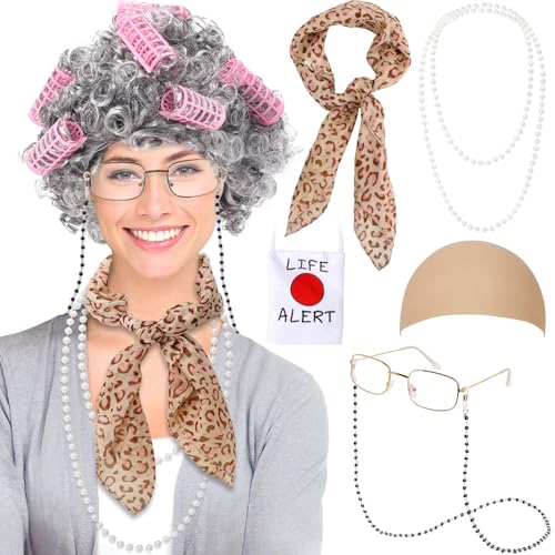 Boutrele Old Lady Costume for Kids Women,100 Days of School Costume Girls,Granny Grandma Costumes Wig Accessories