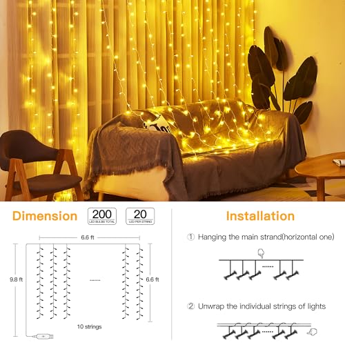 Ollny Curtain Lights 6.6x6.6ft, 200 LED String Lights with Remote 8 Modes Dimmable Timer, USB Power Fairy Light for Bedroo...