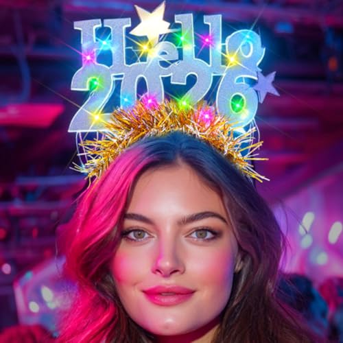 Zoestar Light Up 2026 Headband LED New Year Headbands Glow NYE Party Hair Accessories for Women (1 Silver)